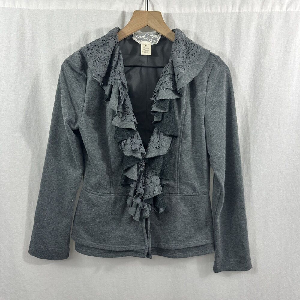 Nic & Mo Anthropologie Lace Ruffle Coquette Peplum Jersey Knit Cardigan Womens M